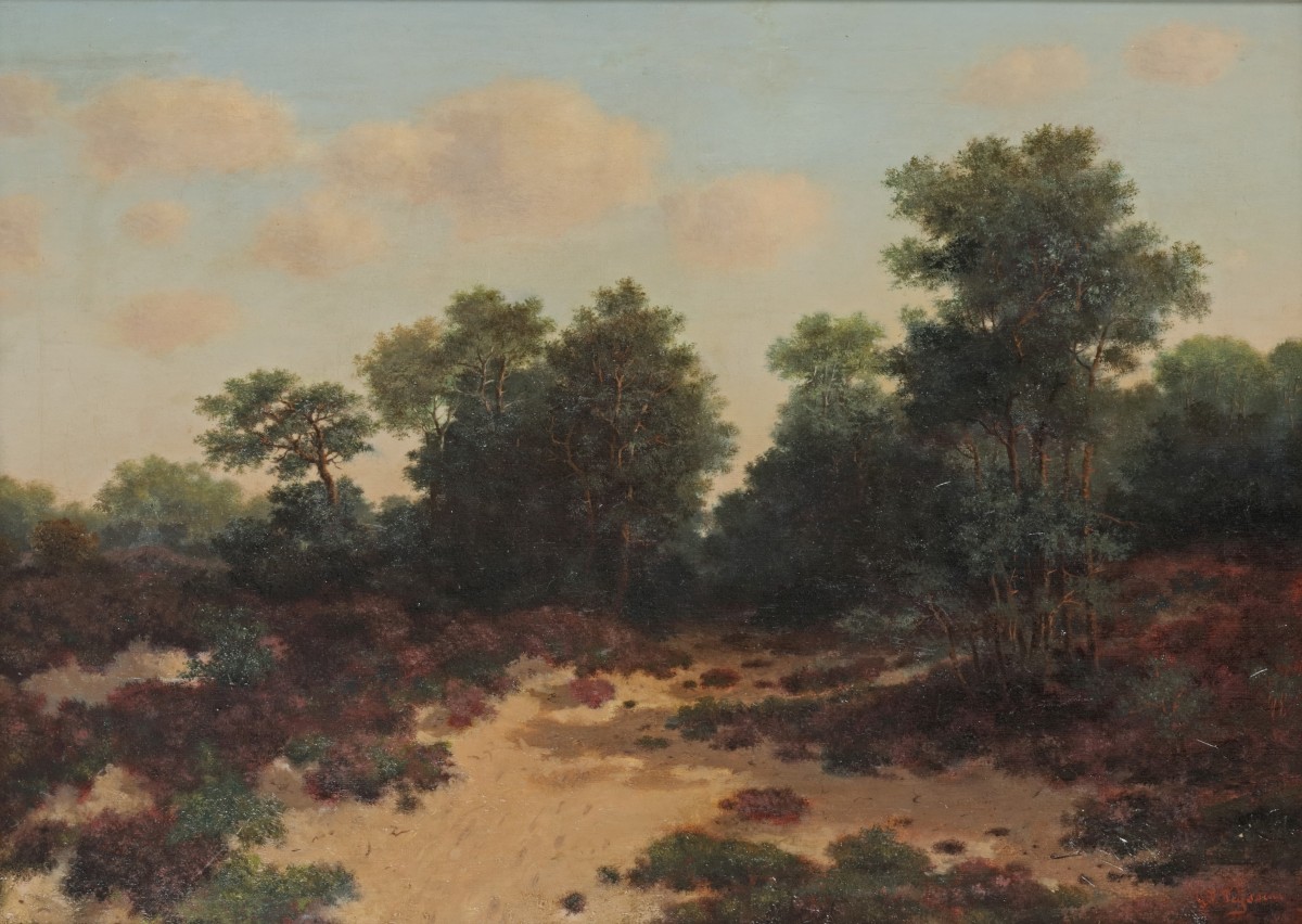 G.F. Thijssen (1873 - 1955), Een heidelandschap met bloeiende heide.