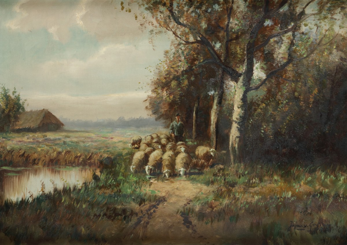 Cor Bouter onder pseudoniem Johan van Gesine (Gouda 1888 - 1966 Alkmaar). Schapen op de heide aan de bosrand.