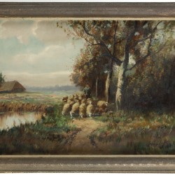 Cor Bouter onder pseudoniem Johan van Gesine (Gouda 1888 - 1966 Alkmaar). Schapen op de heide aan de bosrand.
