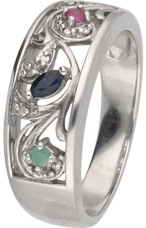 Ring zilver, met synthetische robijn, smaragd en saffier - 925/1000.