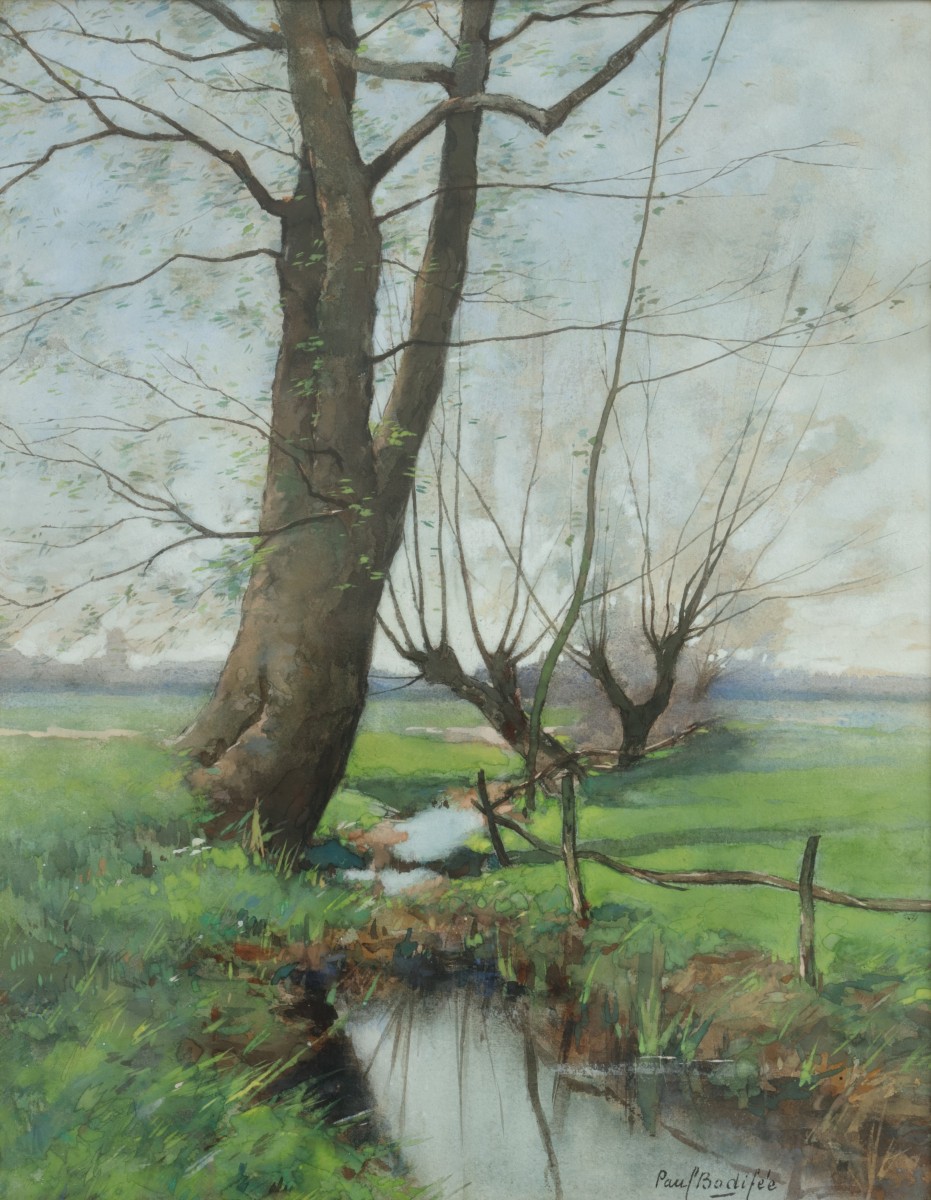 Paul Bodifée (Deventer 1866 - 1938), Een slootje tussen weilanden.