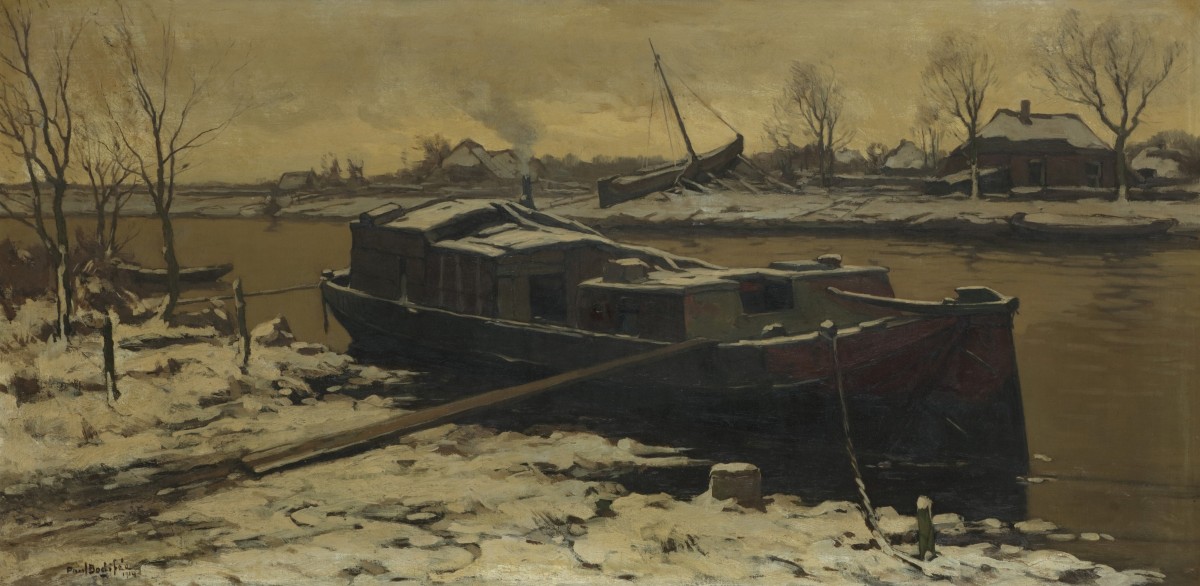 Paul Bodifée (Deventer 1866 - 1938), Een aak in de IJssel in winter.