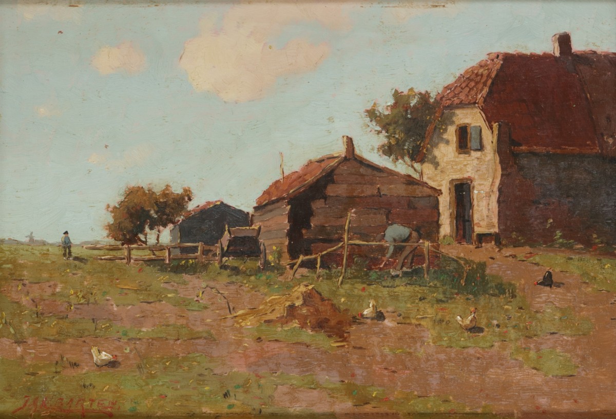 Jan Barten 19e/20e eeuw, Een boerenerfje met kippen en de boer aan het werk in de moestuin.