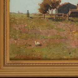 Jan Barten 19e/20e eeuw, Een boerenerfje met kippen en de boer aan het werk in de moestuin.