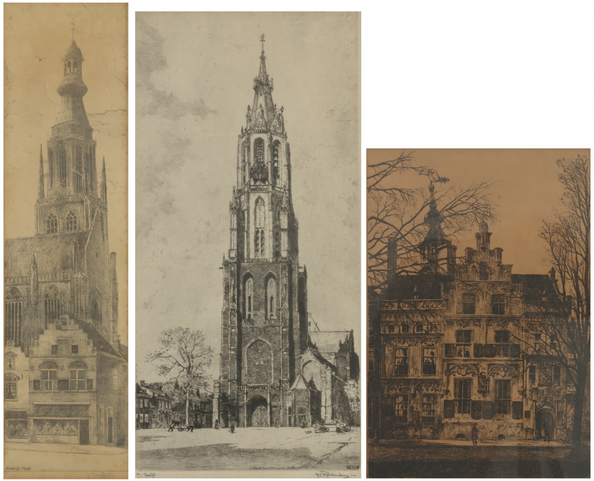 Een convoluut van twee etsen en een reproductie voorstelellende De Oude Delft te Delft, De Kerktoren van Breda en een zicht op een stadshuis.