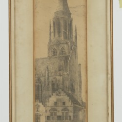 Een convoluut van twee etsen en een reproductie voorstelellende De Oude Delft te Delft, De Kerktoren van Breda en een zicht op een stadshuis.