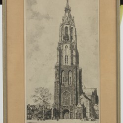 Een convoluut van twee etsen en een reproductie voorstelellende De Oude Delft te Delft, De Kerktoren van Breda en een zicht op een stadshuis.