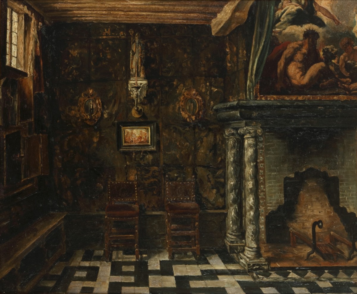 Hollandse School, 19e eeuw. Een 16e-eeuws interieur met haard.
