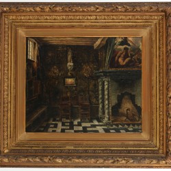 Hollandse School, 19e eeuw. Een 16e-eeuws interieur met haard.