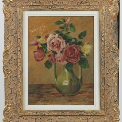 Onduidelijk gesigneerd (rechtsonder), 20e eeuw. Een stilleven van rozen in een vaas.