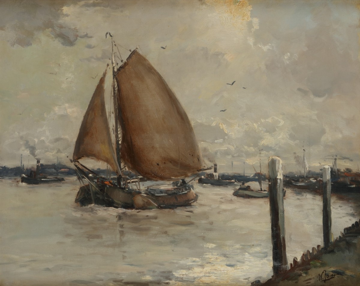 Willem Jansen (Nederlands 1923-1991), Platbodems op de rivier, eden haven in de verte