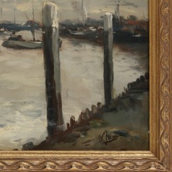 Willem Jansen (Nederlands 1923-1991), Platbodems op de rivier, eden haven in de verte