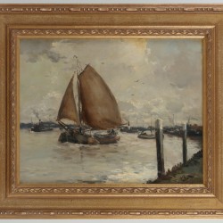 Willem Jansen (Nederlands 1923-1991), Platbodems op de rivier, eden haven in de verte