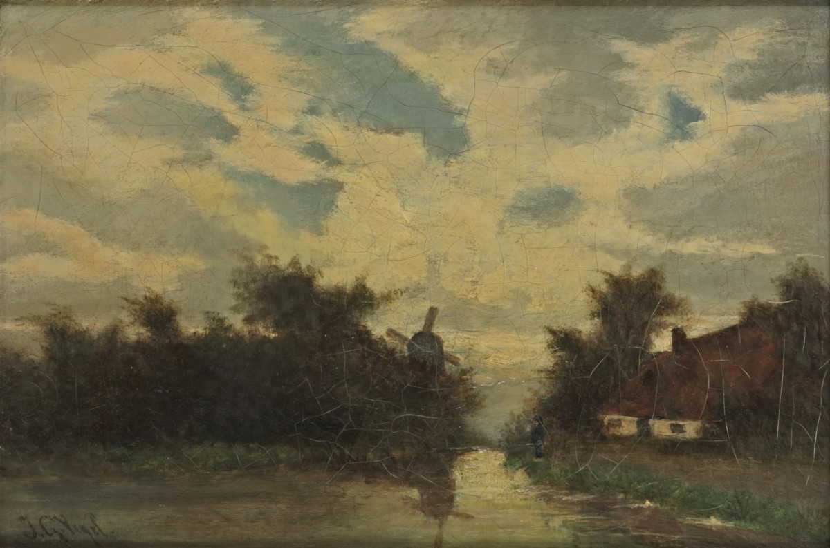 Johannes Gijsbert Vogel (Hooge Zwaluwe 1828 – 1915 Velp), Rivierlandschap met molen in het verschiet.