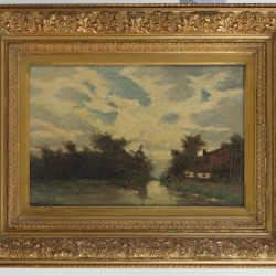 Johannes Gijsbert Vogel (Hooge Zwaluwe 1828 – 1915 Velp), Rivierlandschap met molen in het verschiet.