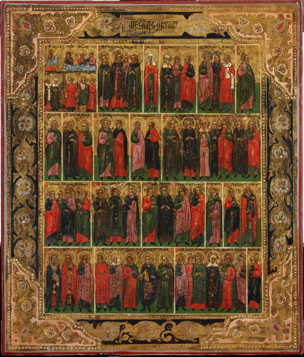 Een Russische kalender ikoon met afbeeldingen van Heiligen, 19e eeuw.