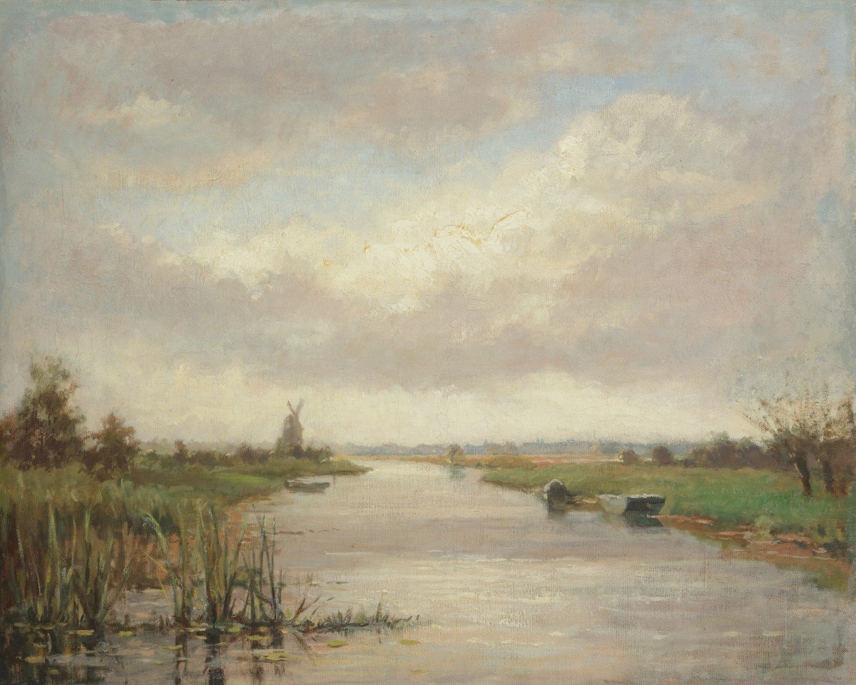 Hollandse School, ca 1900. Een polderlandschap met molen.