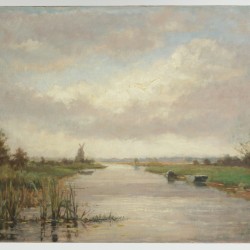 Hollandse School, ca 1900. Een polderlandschap met molen.