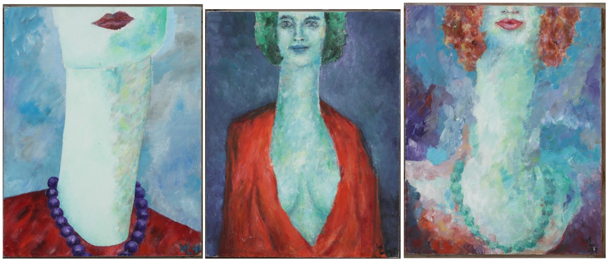 W. Landsman, ca. 1990. Een collectie van drie schilderijen met diverse voorstellingen.