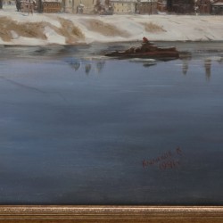 Russische School, 20e eeuw. Gezicht op een Russische stad aan een rivier.