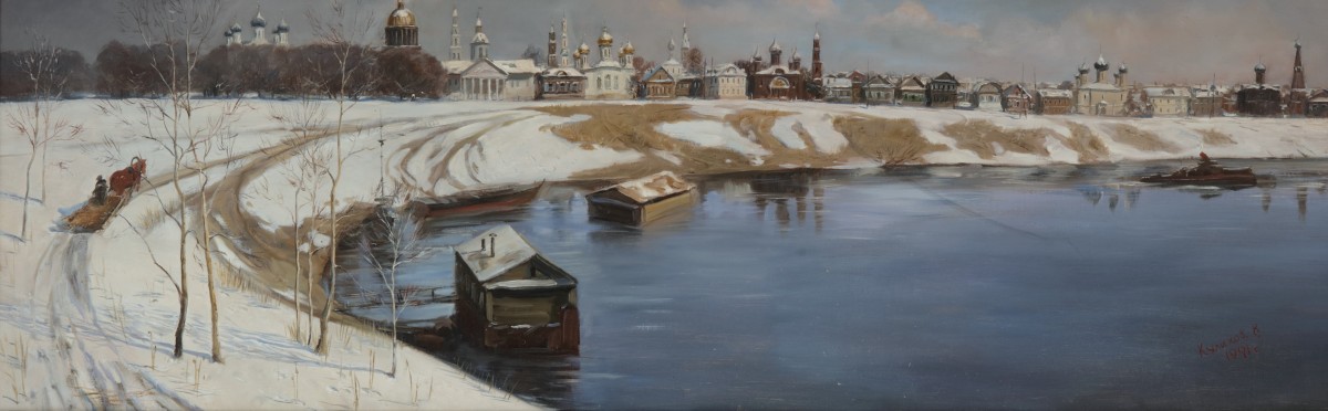 Russische School, 20e eeuw. Gezicht op een Russische stad aan een rivier.