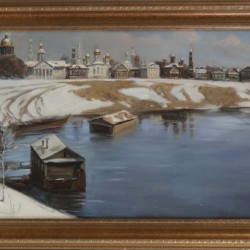Russische School, 20e eeuw. Gezicht op een Russische stad aan een rivier.