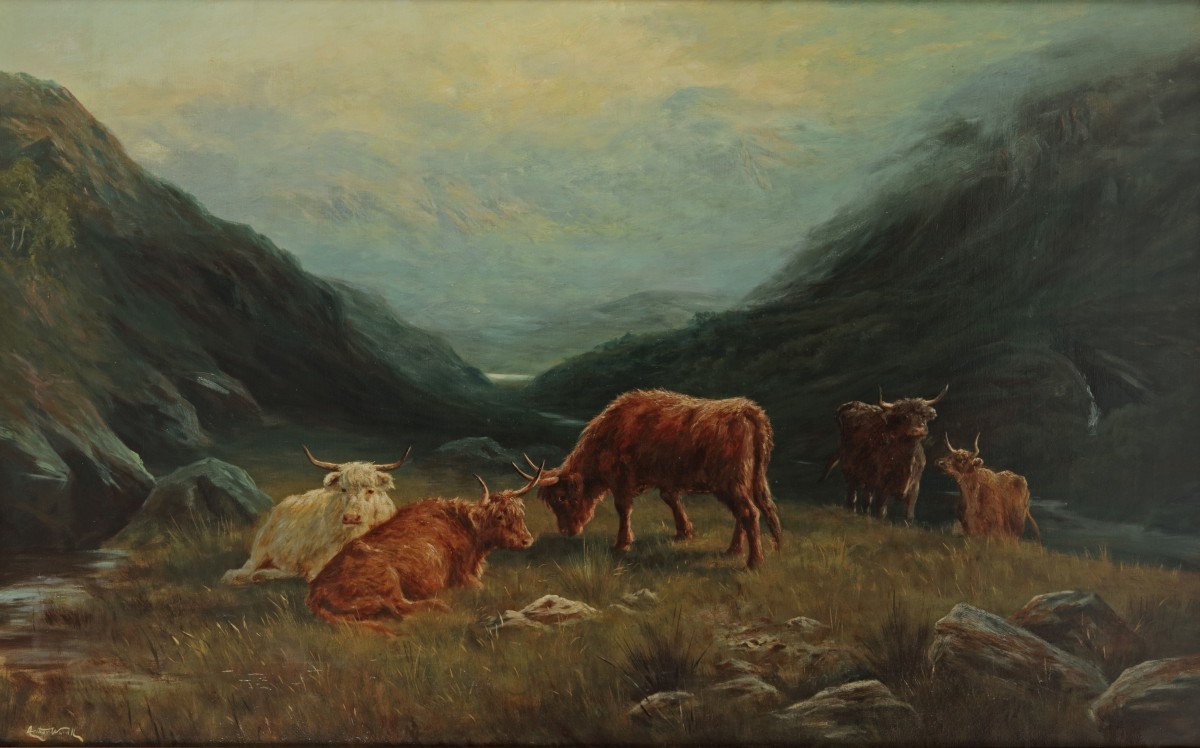 Schotse School, 19e eeuw. Hooglanders in Glen Ogle Valley, Schotland.