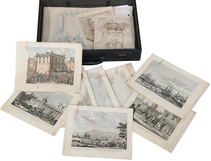 Koffer met gravures en tekeningen.