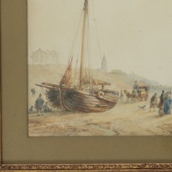 Andreas Schelfhout (Den Haag 1787 - 1870), Activiteiten op het strand bij Scheveningen met Seinpostduin en de Oude Kerk.