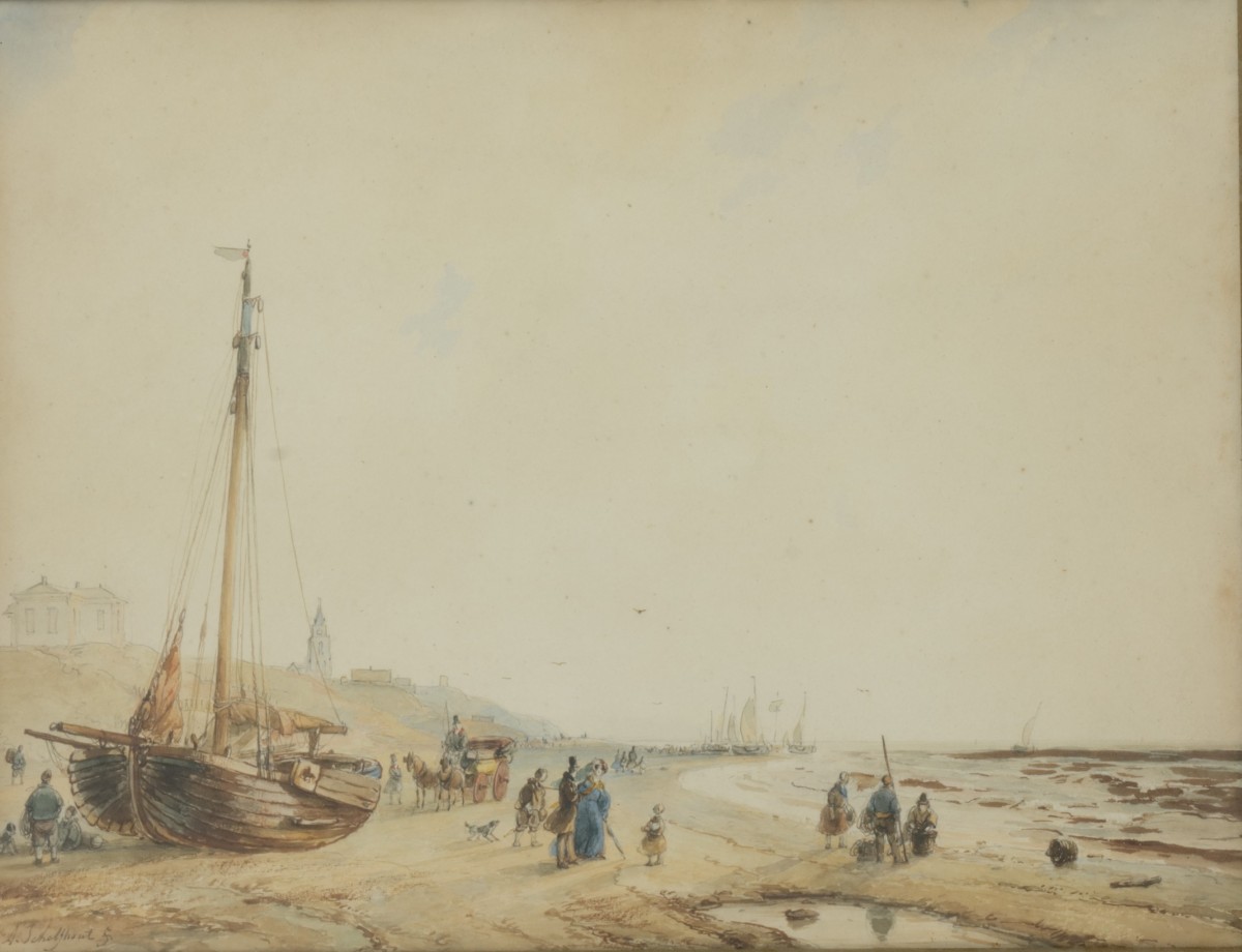 Andreas Schelfhout (Den Haag 1787 - 1870), Activiteiten op het strand bij Scheveningen met Seinpostduin en de Oude Kerk.