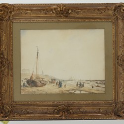 Andreas Schelfhout (Den Haag 1787 - 1870), Activiteiten op het strand bij Scheveningen met Seinpostduin en de Oude Kerk.