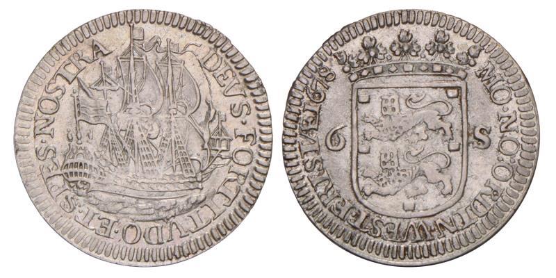 Scheepjesschelling van 6 stuiver Enkhuizen 1678. Zeer Fraai / Prachtig.