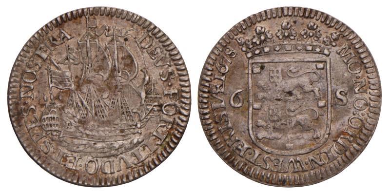 Scheepjesschelling van 6 stuiver Enkhuizen 1678. Zeer Fraai / Prachtig.