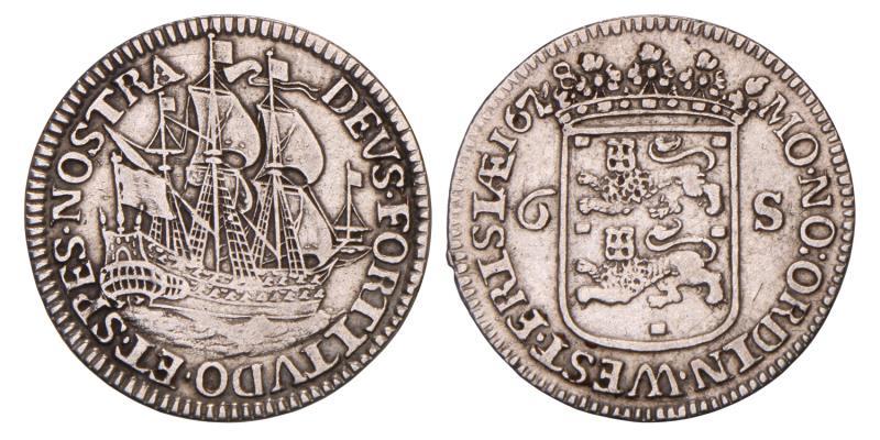 Scheepjesschelling van 6 stuiver Enkhuizen 1678. Zeer Fraai.