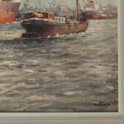 Anton van Unen (1918 - 2000), De haven van Rotterdam met het gebouw van de Holland Amerika lijn op de achtergrond.
