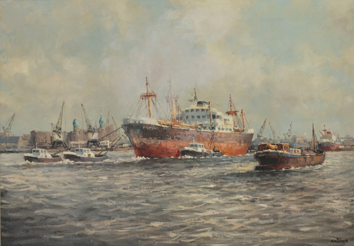 Anton van Unen (1918 - 2000), De haven van Rotterdam met het gebouw van de Holland Amerika lijn op de achtergrond.