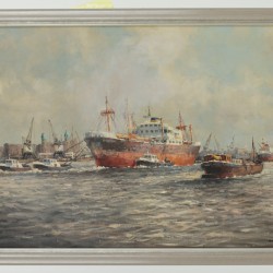 Anton van Unen (1918 - 2000), De haven van Rotterdam met het gebouw van de Holland Amerika lijn op de achtergrond.