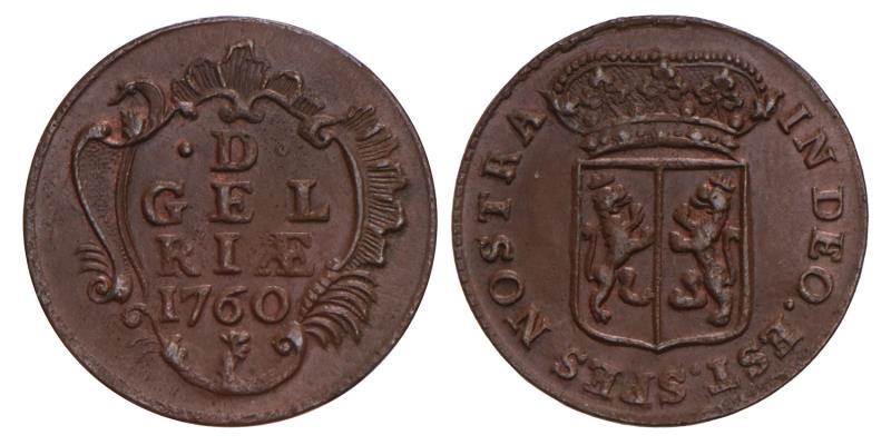 Duit Gelderland 1760. Zeer Fraai / Prachtig.