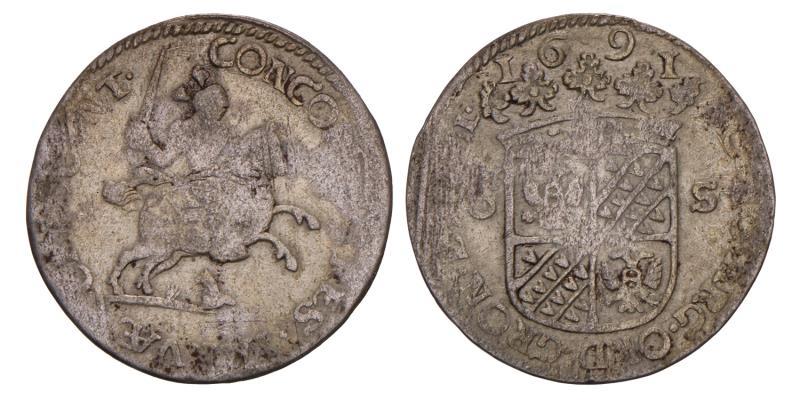 Rijderschelling van 6 stuiver Groningen 1691. Fraai +.