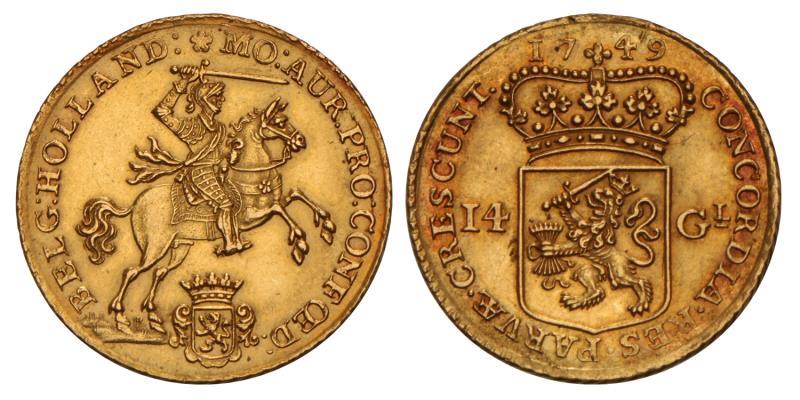14 Gulden of gouden rijder Holland 1749. Prachtig / FDC.