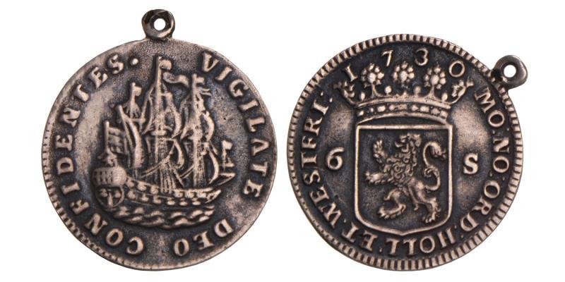 Scheepjesschelling van 6 stuiver Holland 1730. Zeer Fraai.