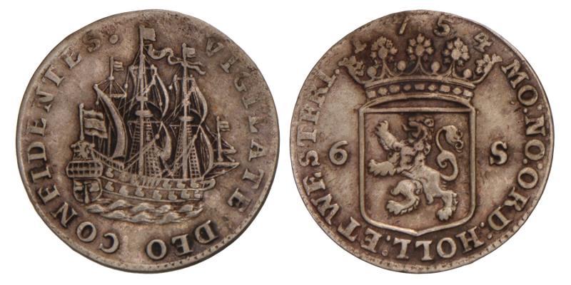 Scheepjesschelling van 6 stuiver Holland 1754. Zeer Fraai.