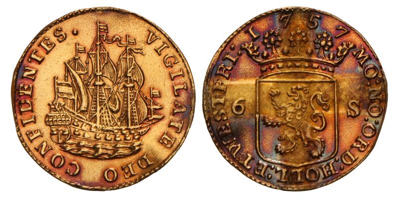 6 Stuiver scheepjesschelling afslag in goud Holland 1757 montage. Prachtig.