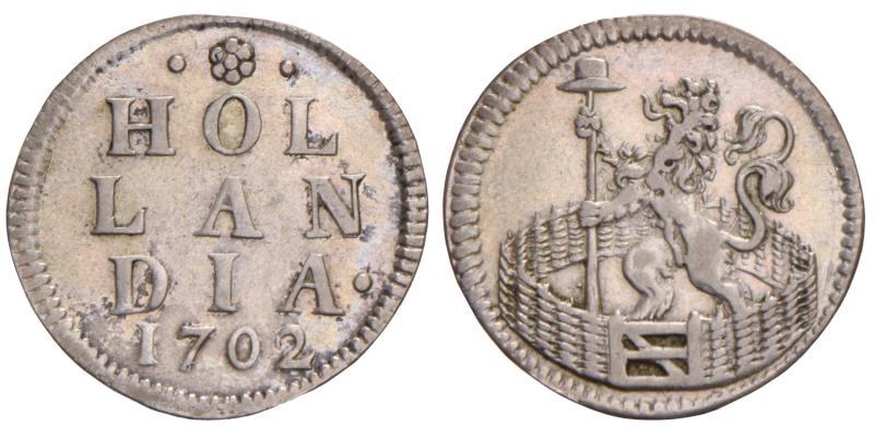 Duit afslag in zilver Holland 1702. Zeer Fraai / Prachtig.