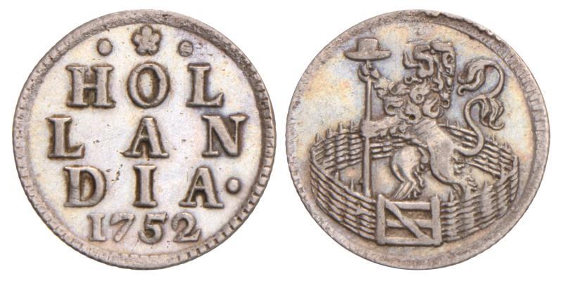 Duit afslag in zilver Holland 1752. Zeer Fraai / Prachtig.