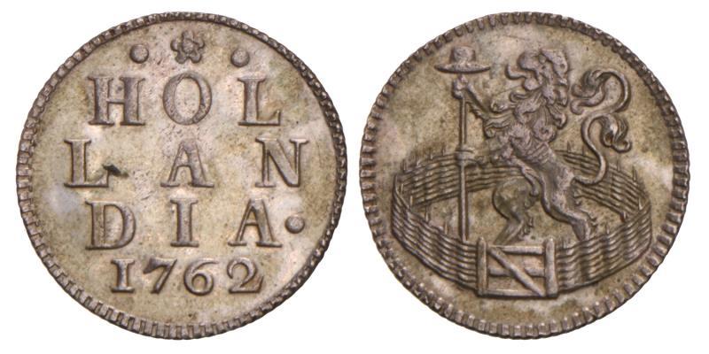 Duit afslag in zilver Holland 1762. Zeer Fraai / Prachtig.