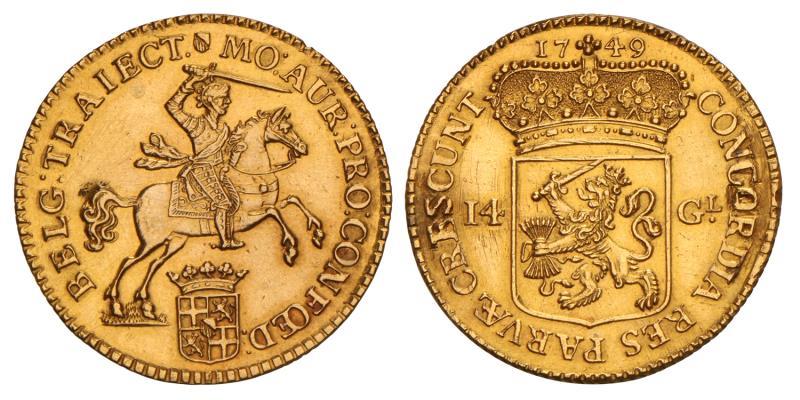 14 Gulden of gouden rijder Utrecht 1749 montage. Prachtig.