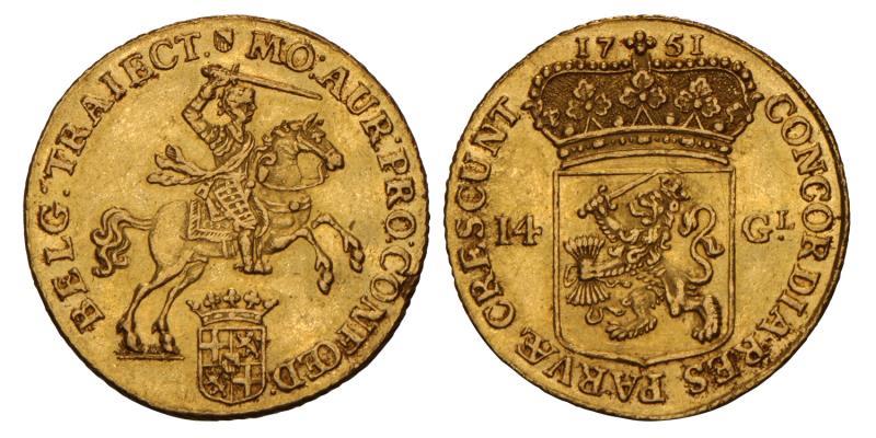 14 Gulden of gouden rijder Utrecht 1751. Prachtig -.