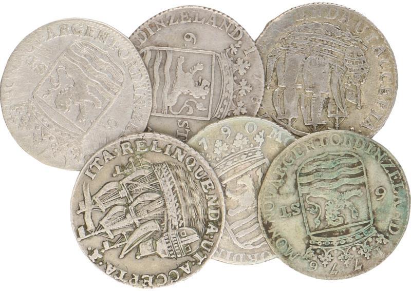 Lot (6x) 6 stuiverstukken Zeeland 1762, 1774, 1776, 1780, 1788, 1790. Varieert tussen Fraai en Zeer Fraai +.