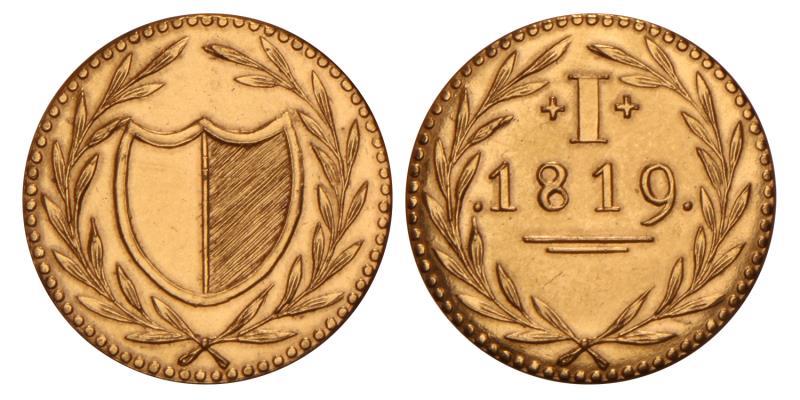 Bleyensteinse duit afslag in goud Willem I 1819. FDC.